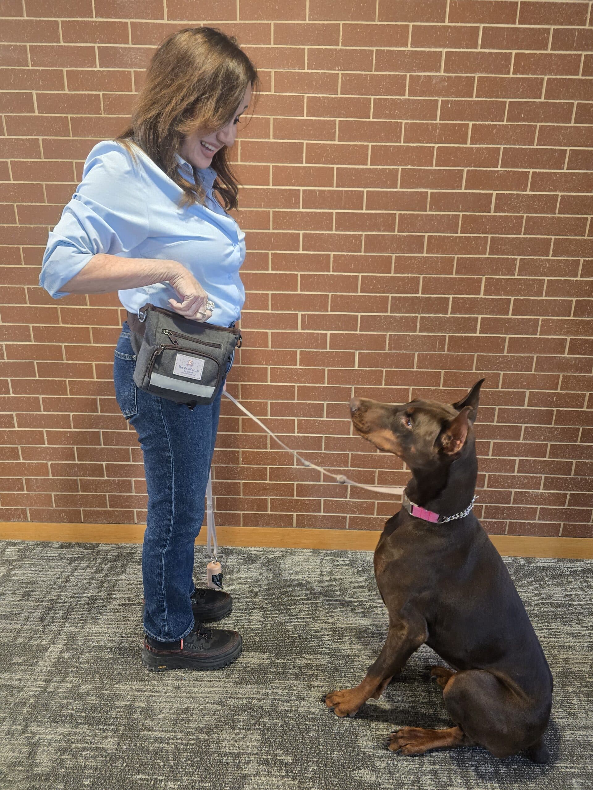 Elisa Segal wearing reinforcer treat pouch with doberman