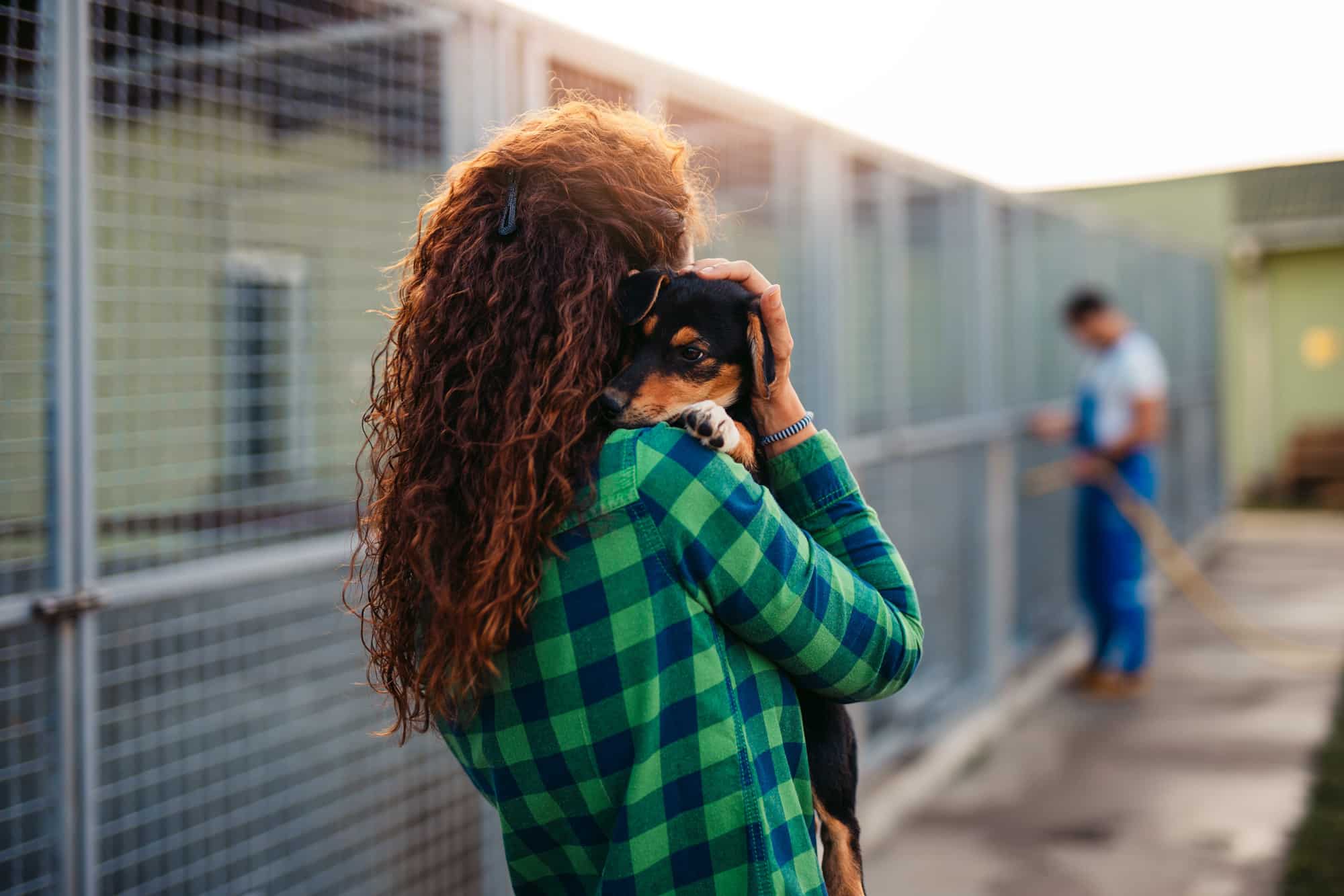 Woman holding dog at rescue facility